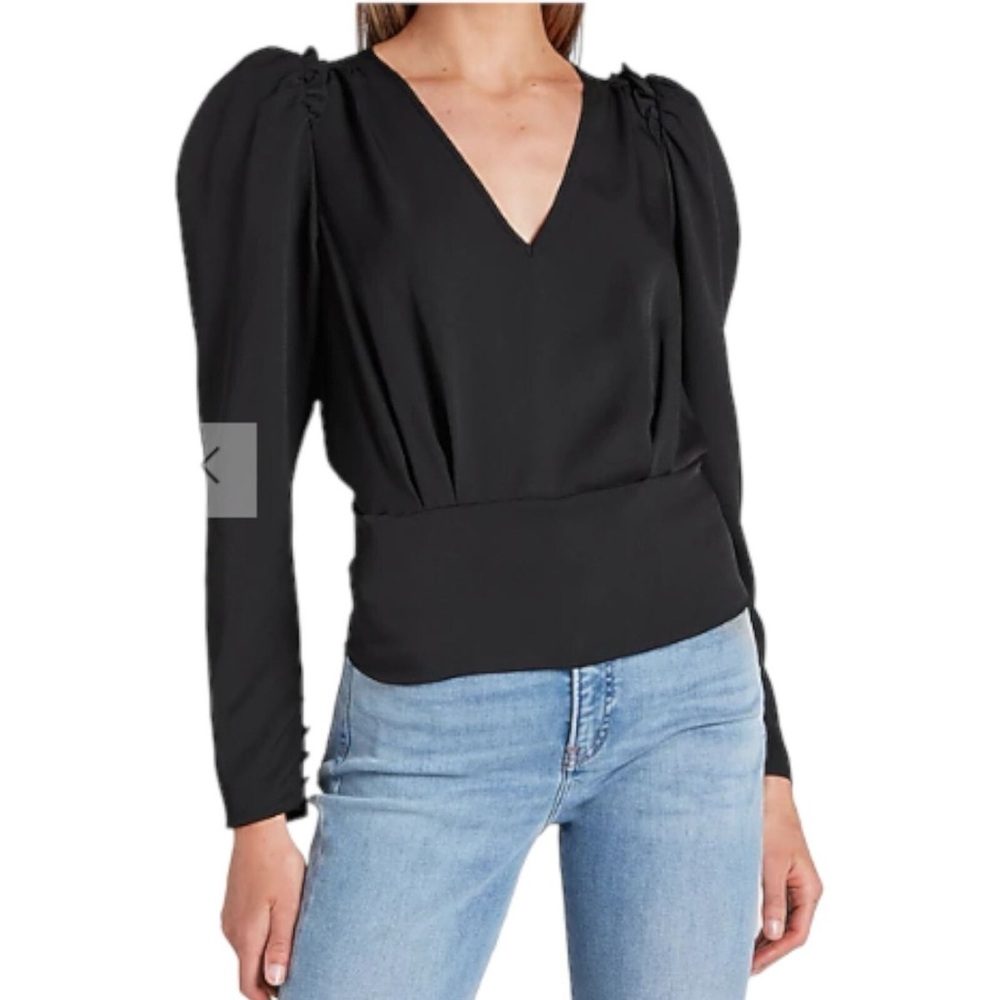 Express Women’s Puff Sleeve V-neck Ruffle Shoulder Long Sleeve Top Black Size XS